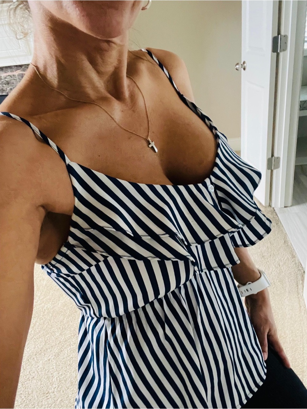 Striped Navy and White Ruffle Cami Top